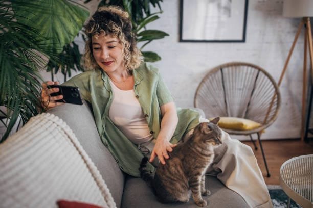 femme bouclée assise dans un capané regardant son téléphone et de l'autre main caressant un chat couché à côté d'elle