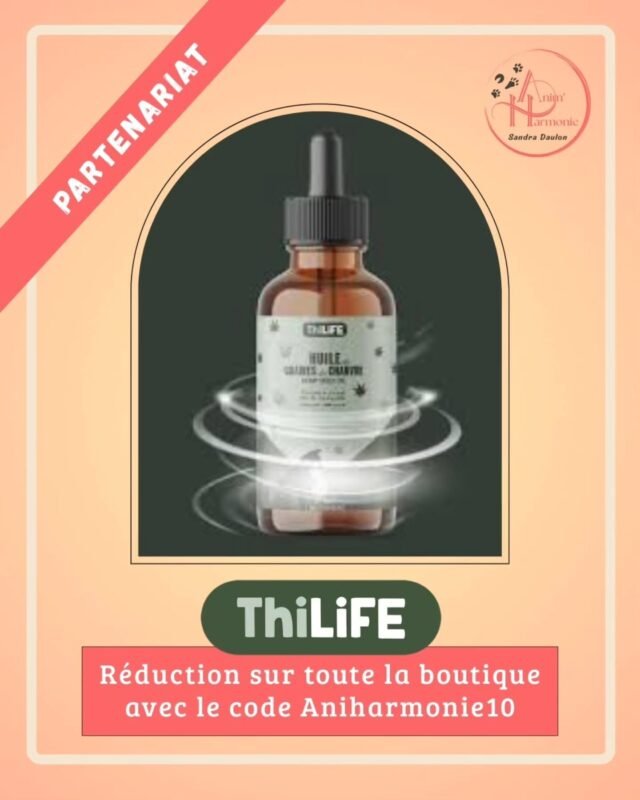 🤝 Je suis ravi(e) de vous annoncer ma collaboration avec @thilife.pets !Si vous ne connaissez pas encore, Thilife est une marque fondée par Thierry et Valentin proposant huile de chanvre et baume réparateur, des compléments alimentaires naturels, qualitatifs et bénéfiques pour le bien-être des chiens, chats et chevaux.Et bonne nouvelle : grâce à ce partenariat, vous pouvez désormais bénéficier d’une réduction sur leurs produits 🎉 !✨ Codes promo : Animharmonie10 et Animharmonie5 (voir conditions slide 4)
➡️ À utiliser directement sur leur site : https://www.thilife.fr/C’est une marque que j’ai choisi de soutenir et je suis heureuse de pouvoir vous faire profiter de ces avantages exclusifs 🎁.🌿 En choisissant les produits THILIFE, vous investissez dans la santé de votre animal, lui offrez une solution naturelle, sans additifs ni produits chimiques, respectant sa santé et son bien-être.✨ Leur utilisation est simple et pratique : quelques gouttes d'huile de chanvre 100 % naturelle, pressée à froid et fabriquée en France ajoutées à leur nourriture ou administrées directement leur procurent tous les bienfaits sans effort !
💡 Vous pouvez facilement l'intégrer à leur routine quotidienne, transformant ainsi le moment du repas en une opportunité de soin et de bien-être.🐾 Faites vous aussi le choix de produits qui allient qualité et efficacité pour vos animaux !N’hésitez pas à me dire en commentaire si vous connaissiez déjà la marque ou si vous avez des questions ! 👇#bienetreanimal #partenariat #comportementalisteanimalier #methodespositives #thilife